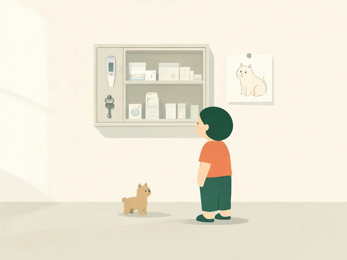 Armoire à pharmacie murale fixée en hauteur, bien rangée, avec pansements, compresses et thermomètre, et une petite clé dans la serrure.