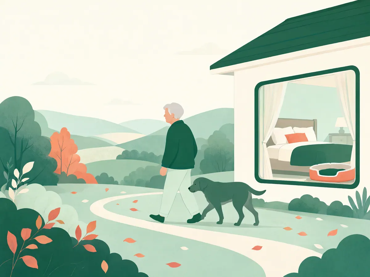 Vieux labrador marchant lentement sur un chemin herbeux avec son maître, en automne.