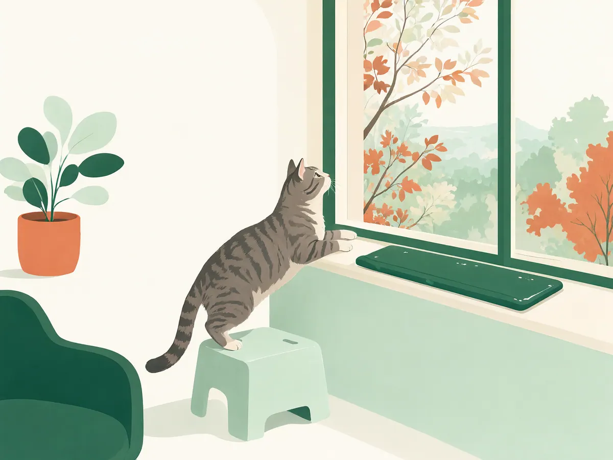 Ältere Katze, die über ein kleines Treppchen auf ihre Fensterbank steigt.