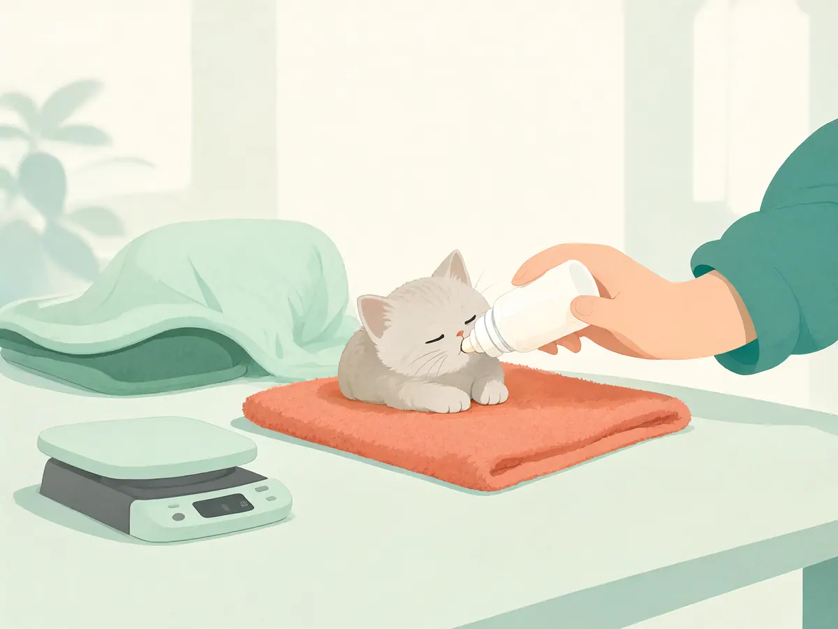 Chaton couché sur le ventre buvant au biberon sur une serviette, avec une petite balance et une bouillotte à côté.