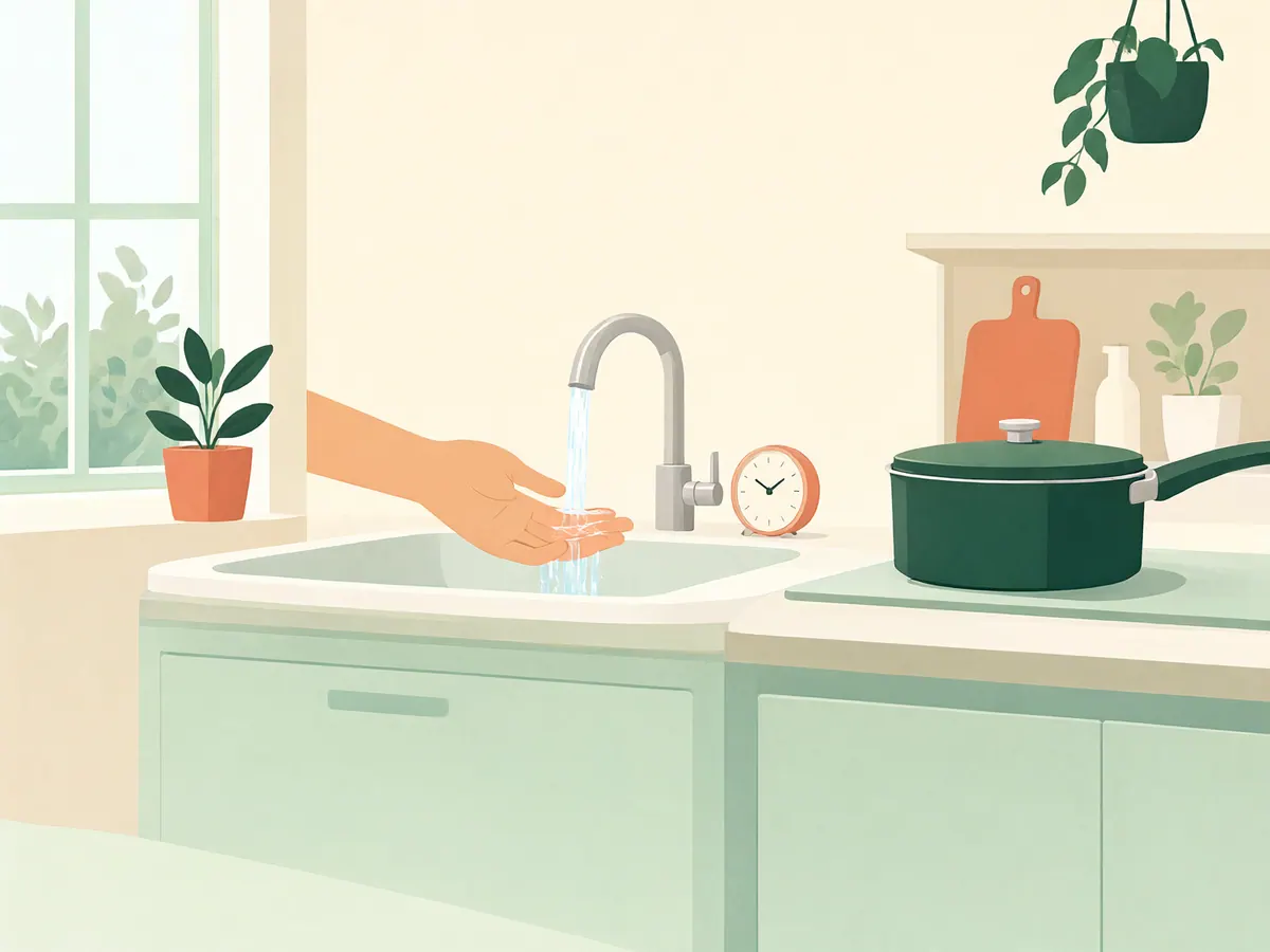 Main refroidie sous l'eau courante du robinet dans une cuisine, avec un minuteur et une casserole poignée tournée vers l'intérieur.