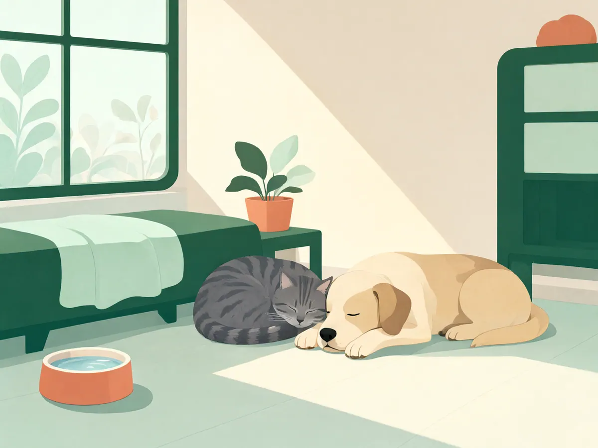 Vieux chat au museau grisonnant faisant la sieste au soleil à côté d'un vieux chien, dans un intérieur paisible.