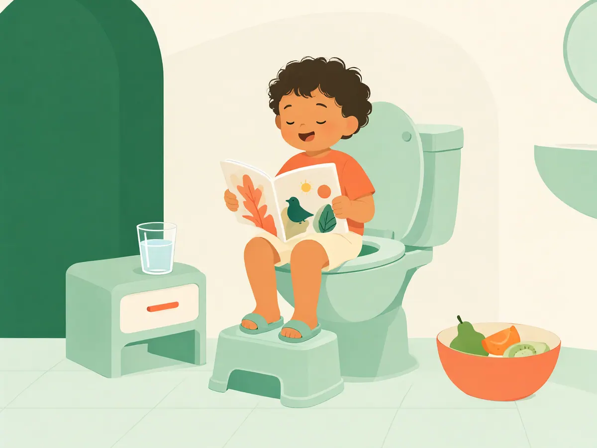 Jeune enfant assis sur les toilettes, les pieds posés sur un marchepied, avec un livre d'images, un verre d'eau et des fruits.
