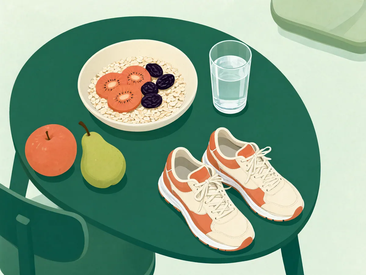 Petit-déjeuner riche en fibres vu de dessus : flocons d'avoine, kiwis, pruneaux, fruits et grand verre d'eau, avec des chaussures de marche.