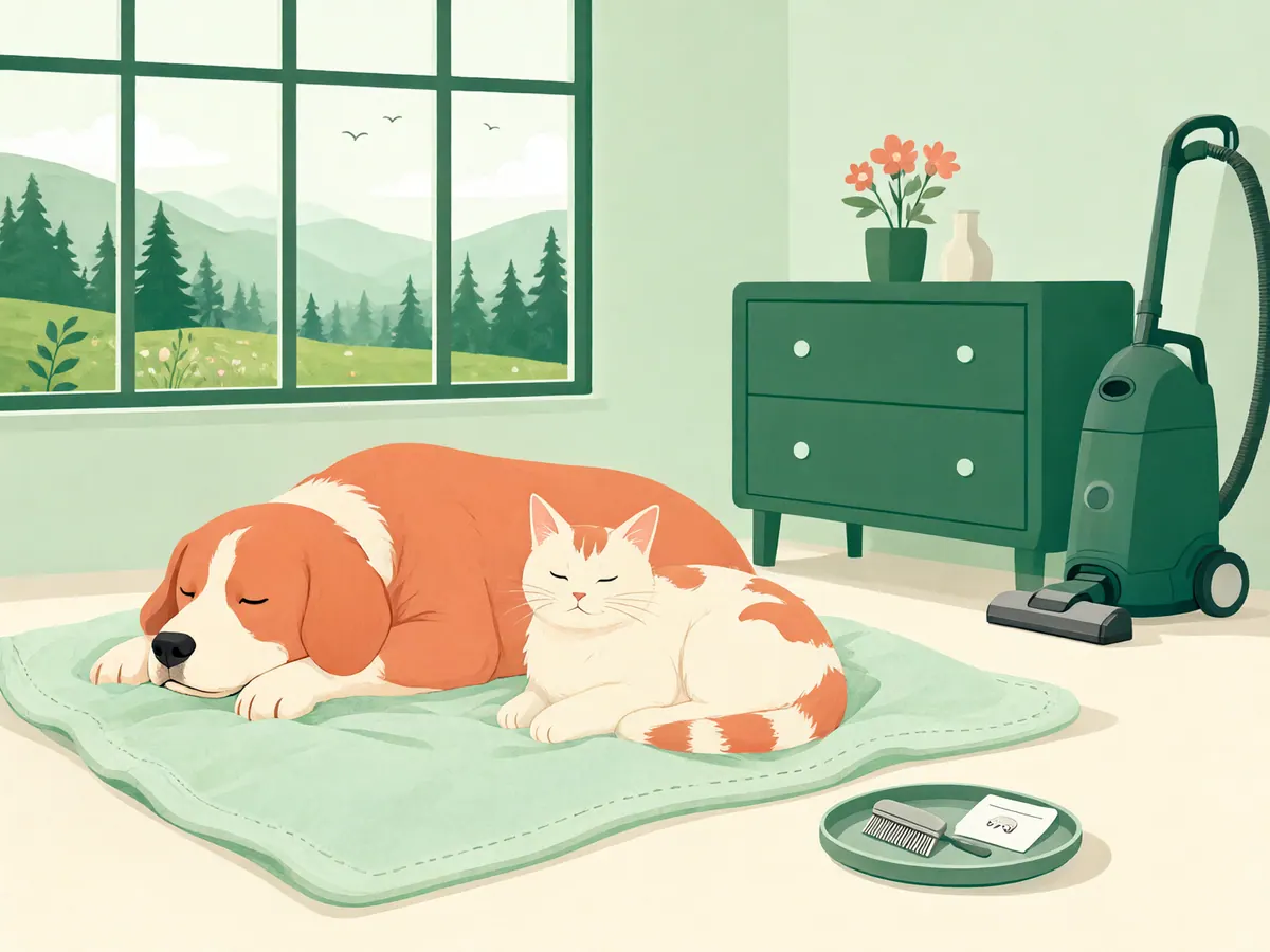 Hund und Katze auf einer frisch gewaschenen Decke, mit Flohkamm, Zeckenkarte und Staubsauger.
