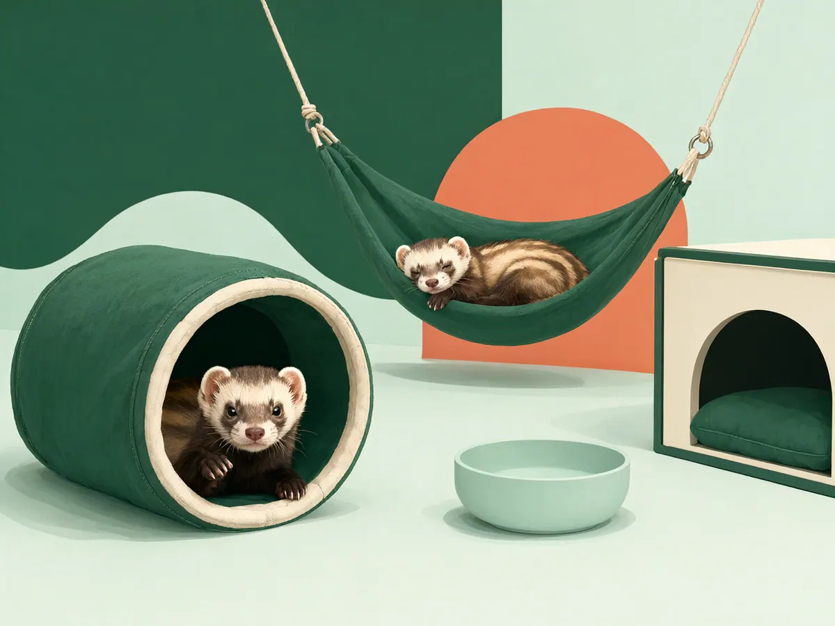 Furet joueur sortant d'un tunnel en tissu, un second furet endormi dans un hamac.