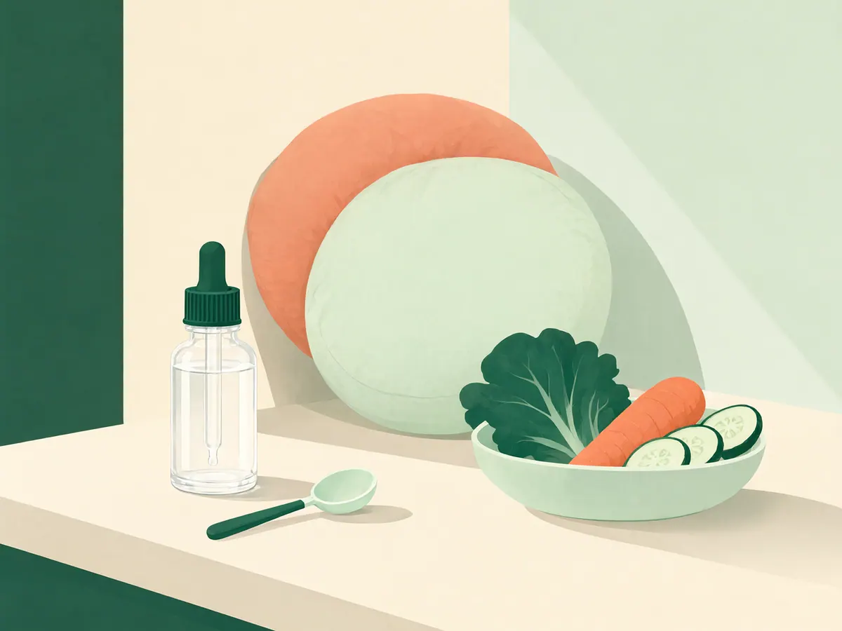 Petit flacon d'huile incolore avec cuillère doseuse, à côté d'un coussin et d'un bol de légumes colorés.