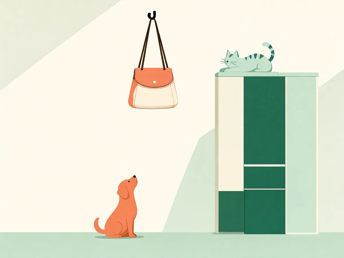 Handtasche hoch an einem Wandhaken, ausser Reichweite des Hundes, der zu ihr hinaufschaut.