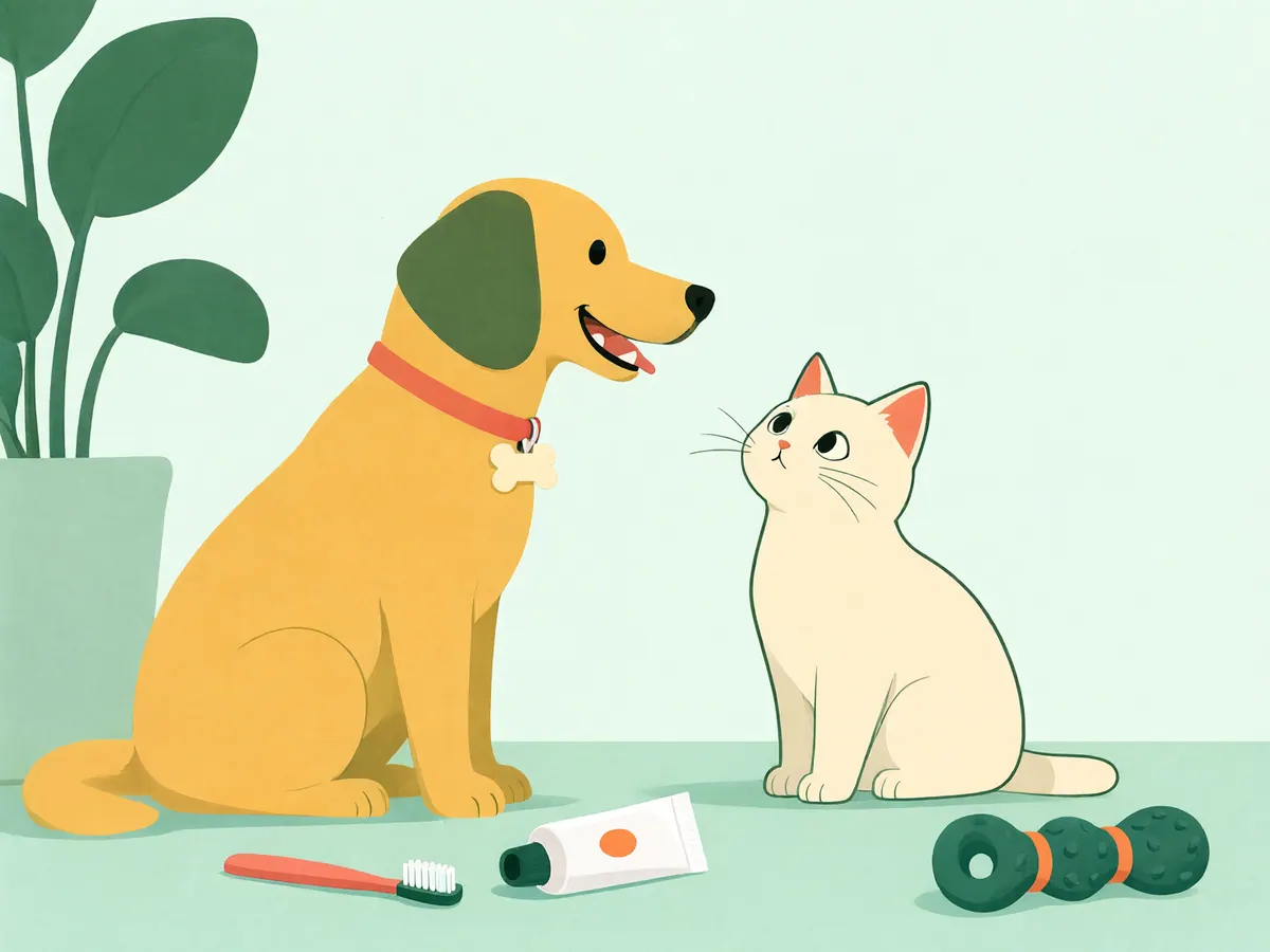 Chien souriant aux dents propres à côté d'une brosse à doigt et d'un dentifrice pour animaux, observé par un chat.