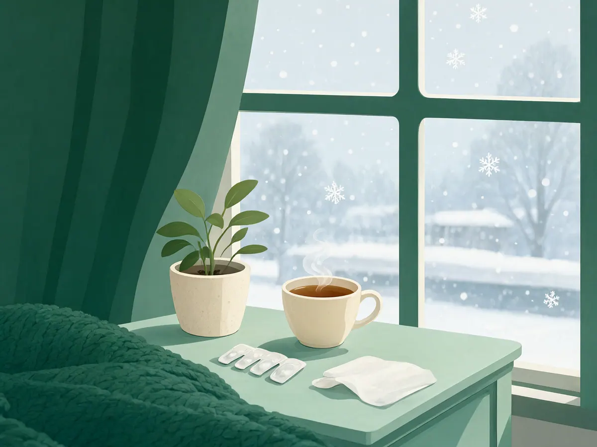 Unidoses de sérum physiologique, mouchoir et tasse de thé sur une table de chevet, devant une fenêtre d'hiver.