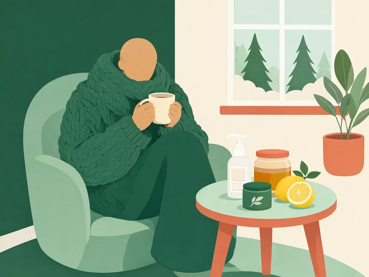 Personne emmitouflée dans une écharpe tenant une tasse chaude, à côté d'un spray pour la gorge, de pastilles, de citron et de miel.