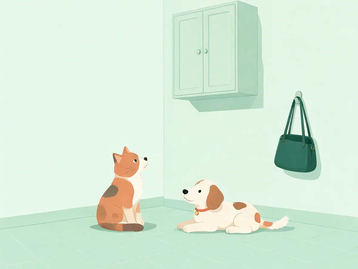Chat curieux regardant une armoire à pharmacie fermée placée en hauteur, avec un chien couché et un sac suspendu hors d'atteinte.