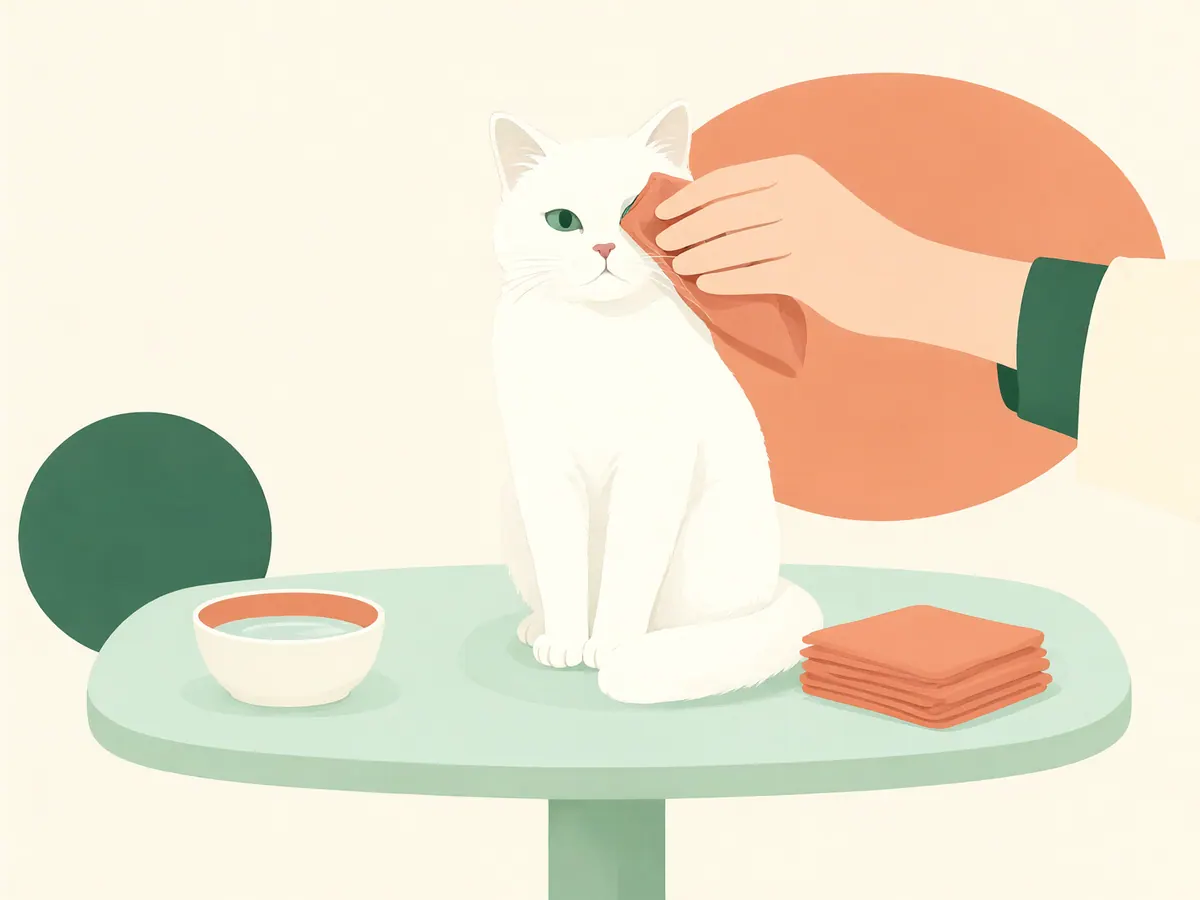 Chat blanc assis calmement pendant qu'une main nettoie le contour de son œil avec une compresse.
