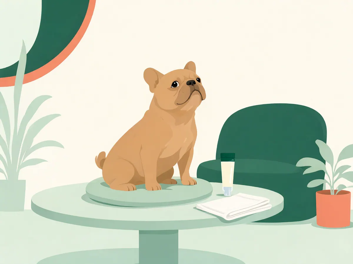 Bouledogue français aux grands yeux ronds assis sur un coussin, à côté d'un tube de gel oculaire et d'une compresse.