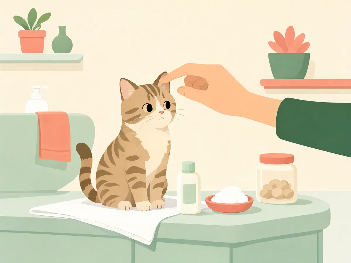 Getigerte Katze auf einem Handtuch, deren Ohr sanft gehalten wird, mit Ohrreiniger und Wattepads.