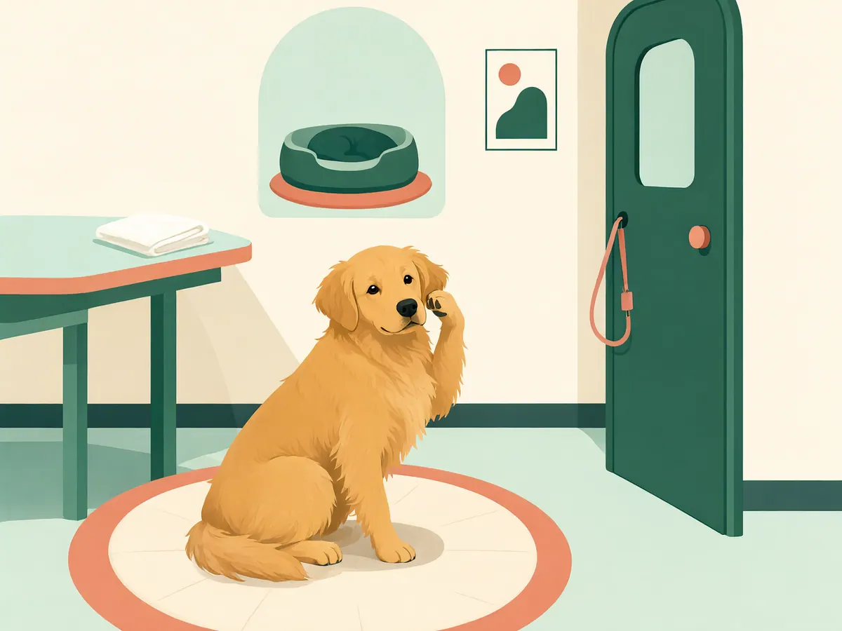 Golden retriever qui penche la tête et se gratte l'oreille avec la patte arrière, assis sur un tapis.