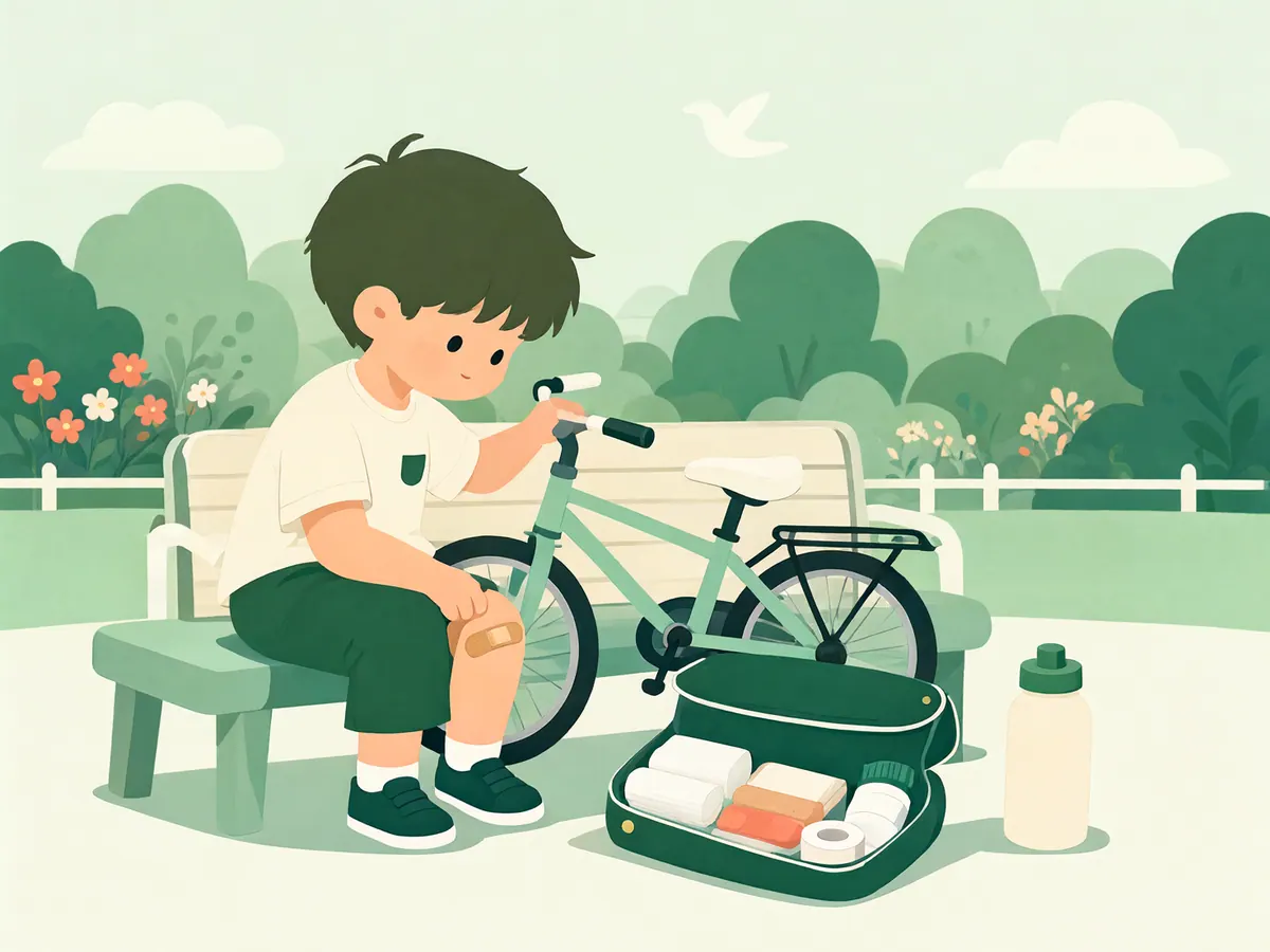 Enfant assis sur un banc avec un pansement au genou, à côté d'un vélo et d'une trousse de soins ouverte.