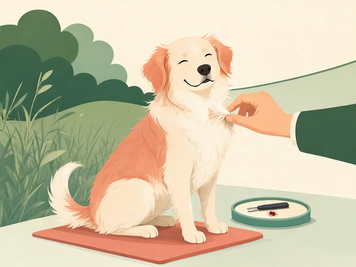 Chien de retour de promenade dans les hautes herbes, inspecté sur le paillasson, avec un tire-tique posé sur un plateau.