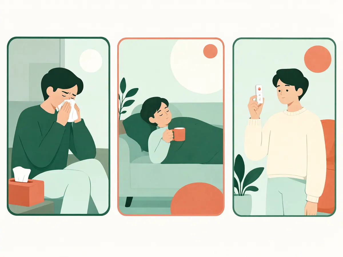 Trois vignettes : une personne qui éternue, une autre au repos sous une couverture, une troisième tenant un autotest.
