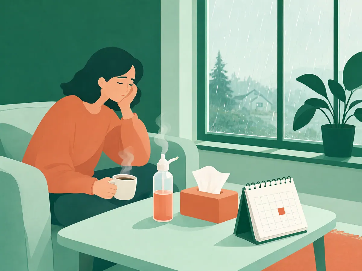 Personne au repos près d'une fenêtre, une tasse chaude à la main, avec un flacon de lavage nasal et des mouchoirs sur la table.