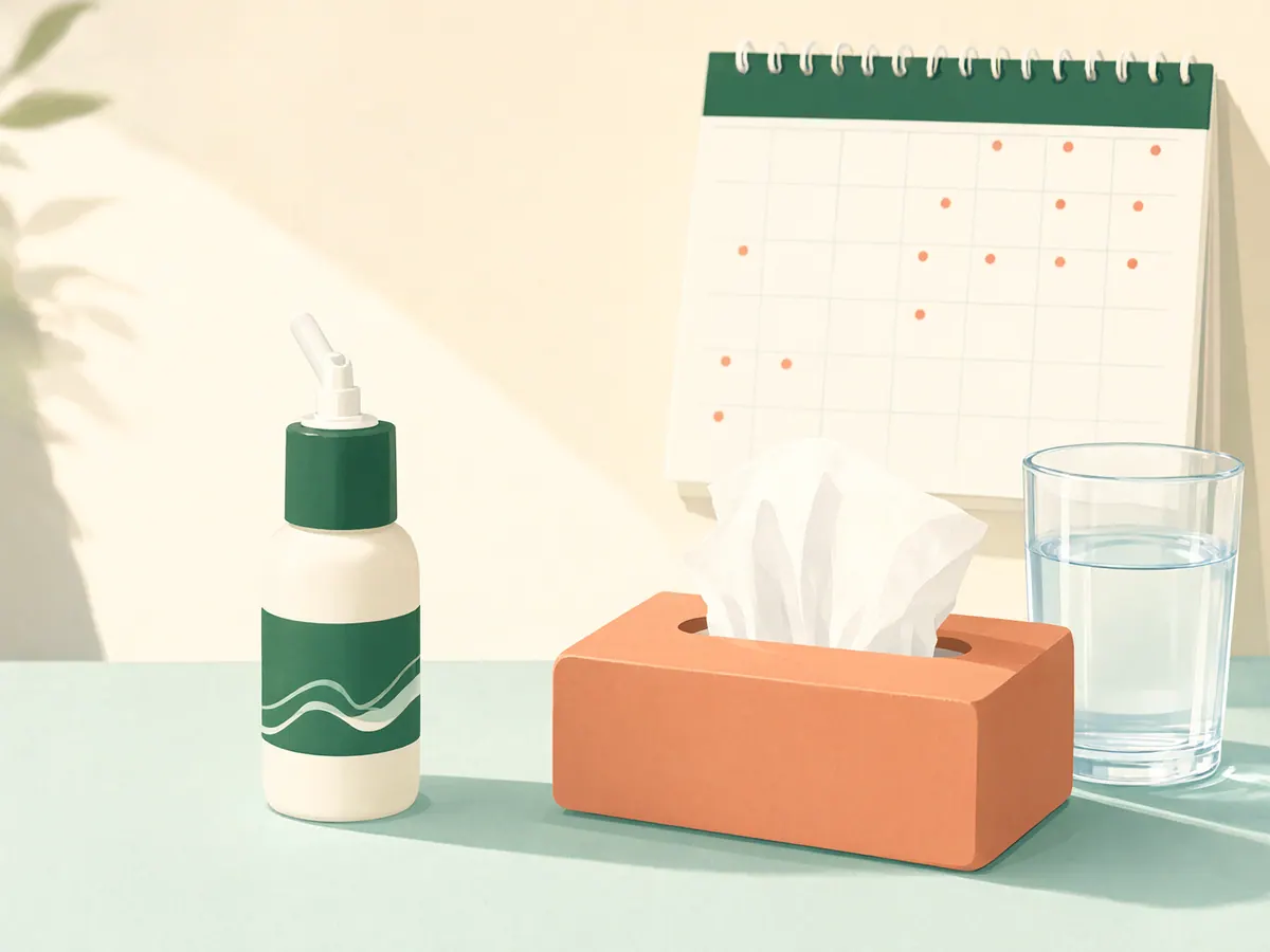 Spray nasal posé près d'un calendrier où quelques jours sont entourés, à côté d'une boîte de mouchoirs et d'un verre d'eau.