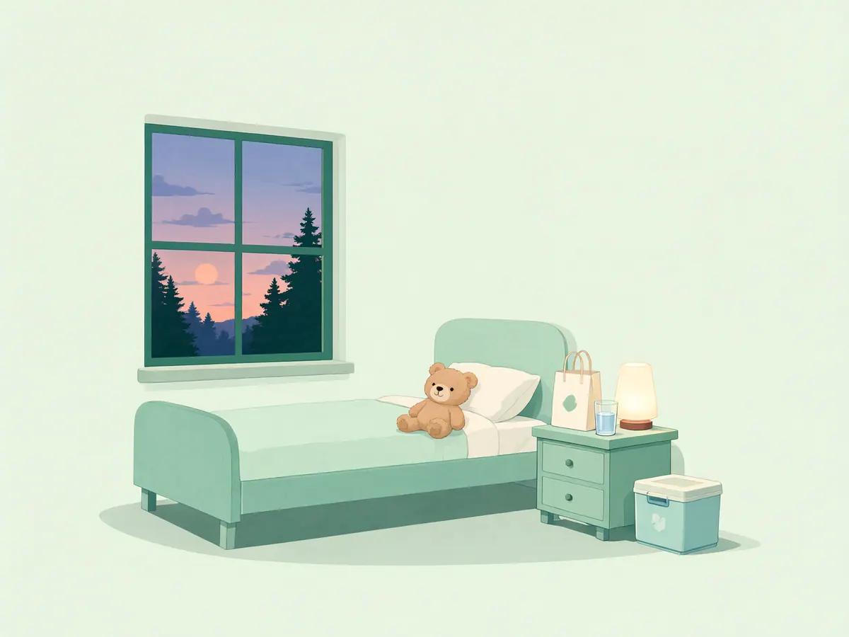 Chambre d'enfant au crépuscule avec un ours en peluche, un sachet de pharmacie fermé et un verre d'eau sur la table de nuit.