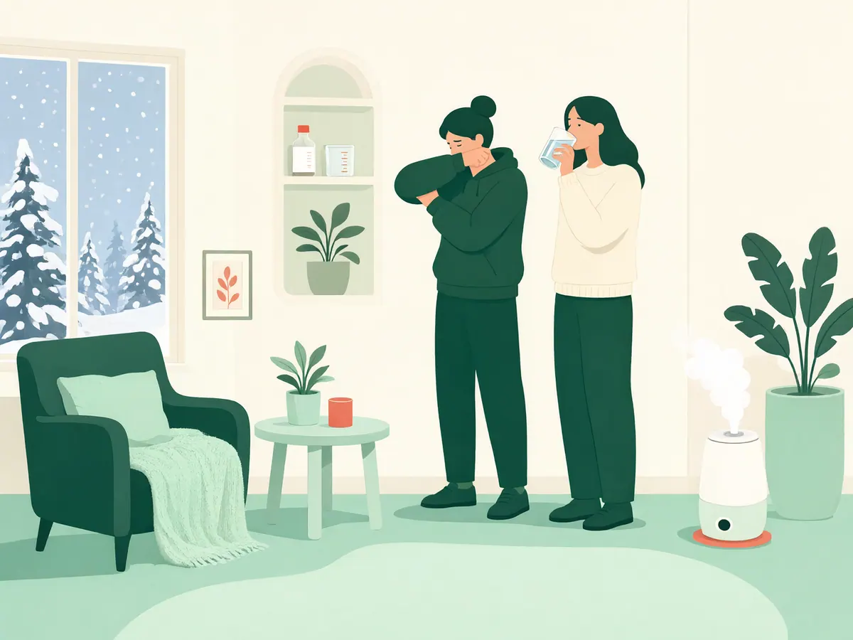 Deux personnes en hiver, l'une toussant dans son coude, l'autre buvant un verre d'eau, avec un sirop et un humidificateur à l'arrière-plan.