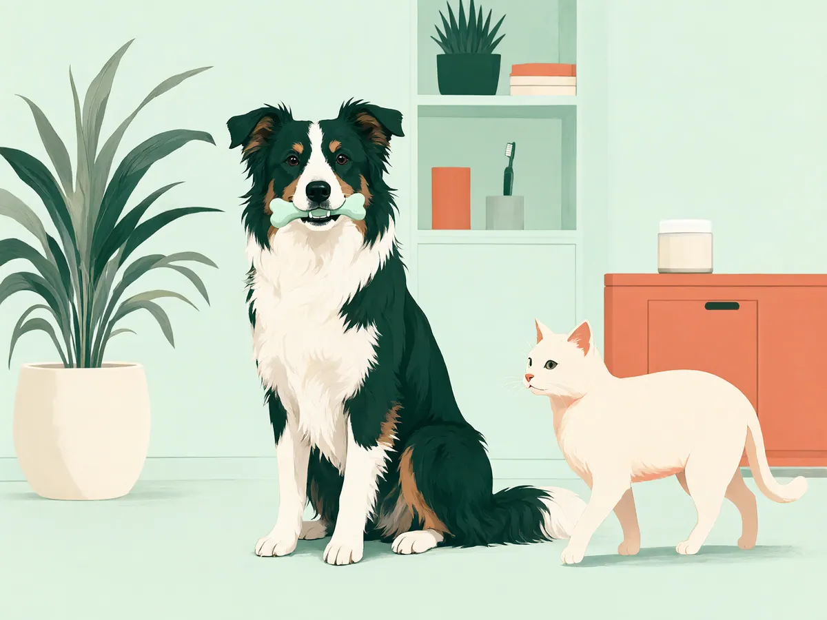 Border Collie mit einem Kauknochen, daneben Hundezahnbürste und Tierzahnpasta.