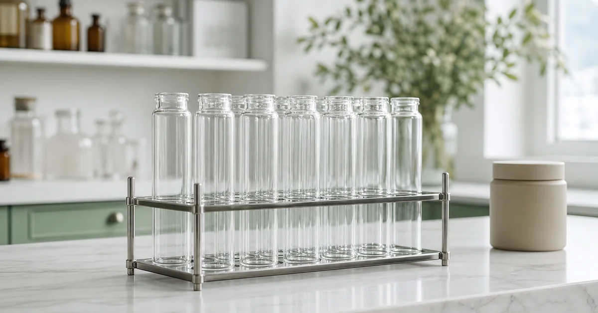 Beschriftete Blutentnahme-Röhrchen in einem Laborständer, daneben eine geöffnete Dose mit gelben Biotin-Kapseln auf einem hellen Tisch