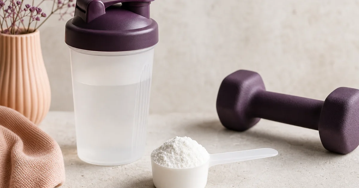 Weisses Kreatinpulver in einem Messlöffel neben einem Shaker und einer kleinen Hantel auf hellem Steinhintergrund