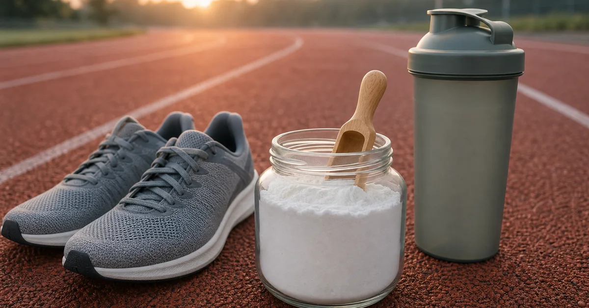Läuferin macht auf einer Tartanbahn im Morgenlicht ein Intervall-Sprinttraining, daneben ein Messlöffel mit weissem Kreatinpulver