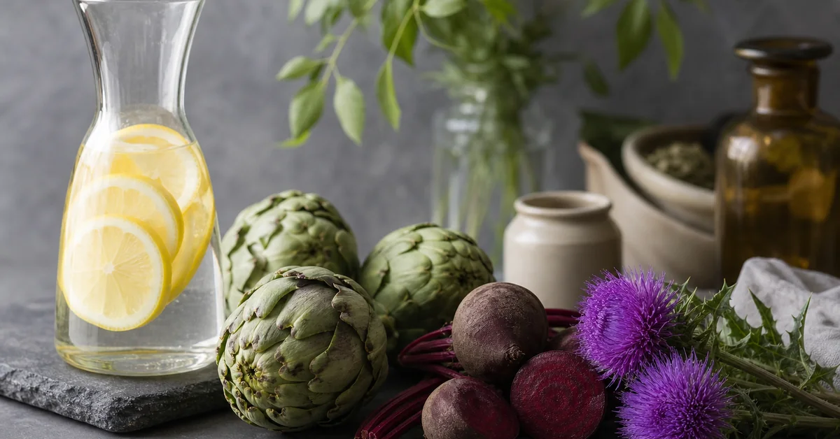 Detox-Tee, Kräuterkapseln und eine Zitronenscheibe auf einem hellen Holztisch neben einem Glas Wasser