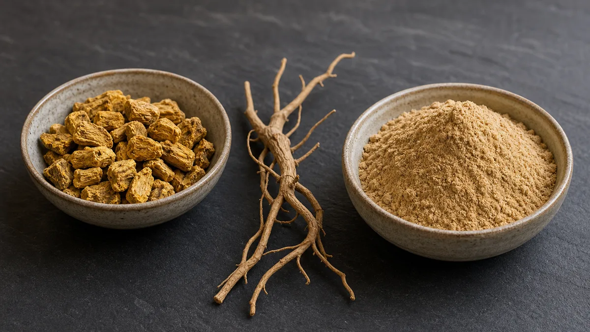 Getrocknete Rosenwurz- und Ashwagandha-Wurzeln mit hellem Pulver nebeneinander auf einem Holztisch