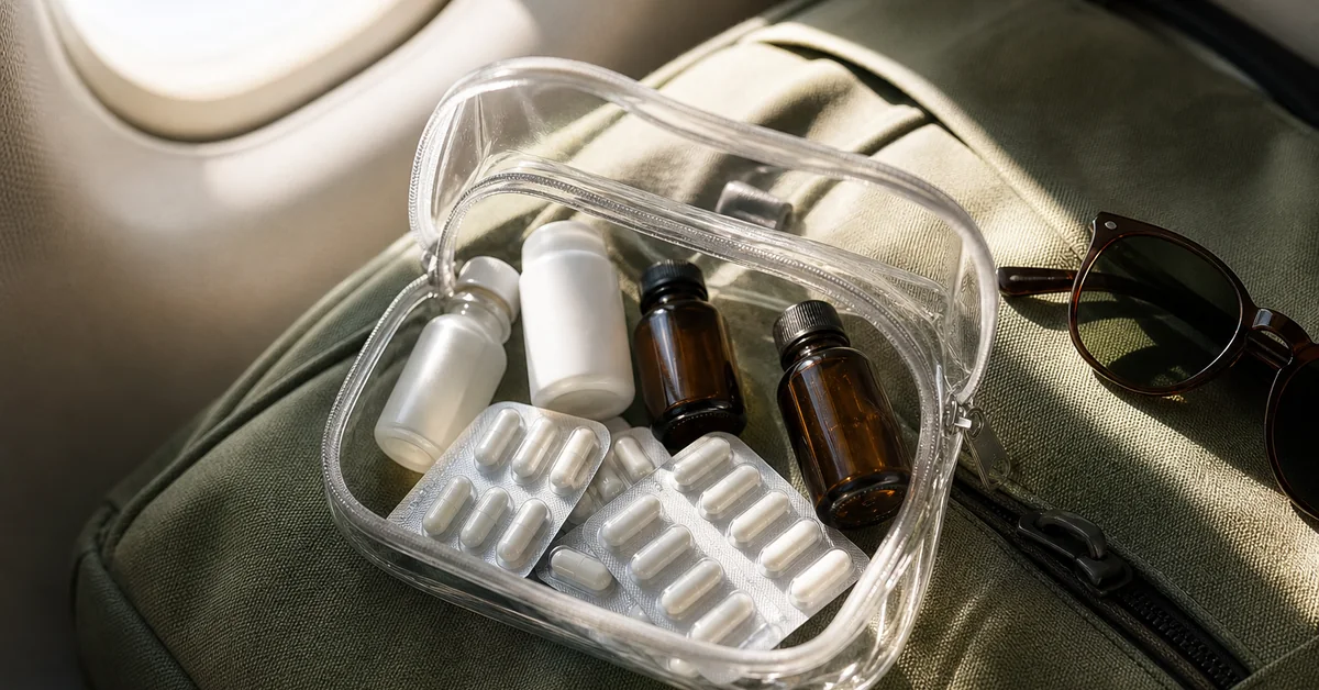 Geöffneter Kulturbeutel mit Pillendose, Vitaminfläschchen und Pulverdöschen neben Reisepass und Bordkarte auf einem Koffer