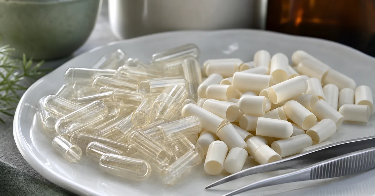 Zwei geöffnete Kapseln auf einem hellen Tisch, links eine mattweisse Cellulose-Kapsel, rechts eine glänzende bernsteinfarbene Weichkapsel, daneben eine Produktpackung mit Zutatenliste