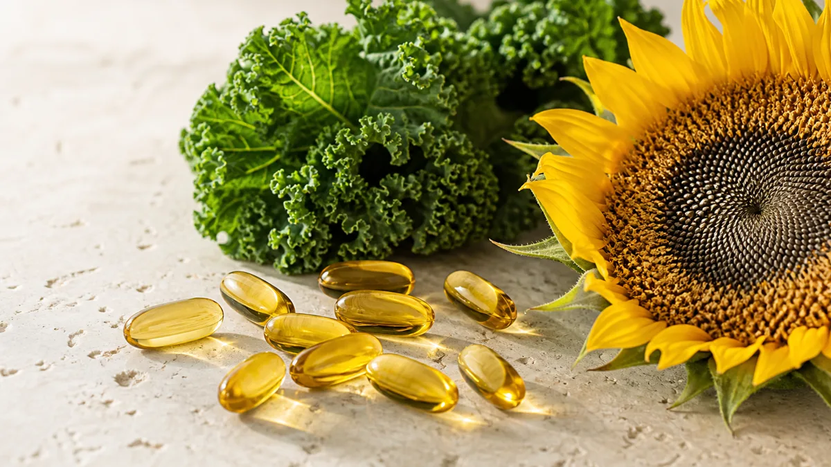 Ein Vitamin-D3-K2-Tropffläschchen neben einer Schale Natto und grünem Blattgemüse auf einem hellen Küchentisch